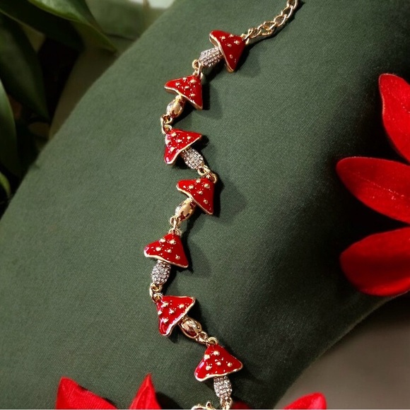 Mushroom bracelet adjustable red and gold enamel bracelet Toadstool rhinestones - Picture 4 of 17
